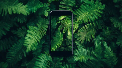 Smartphone centered in dense green fern foliage scene.