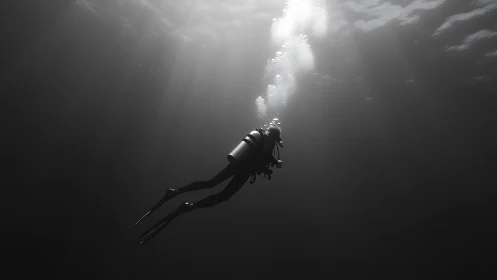 Solitary scuba diver drifting through quiet sunlit depths.