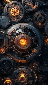 Glowing clockwork gears turning with warm industrial light.