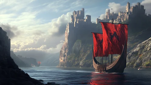 Crimson warship sails toward towering seaside citadel.