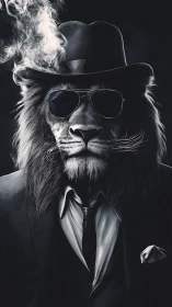 Suited lion in monochrome noir lighting with smoke plume.
