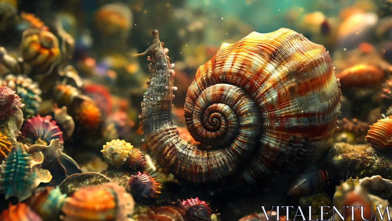 Spiral seashell closeup in colorful underwater seabed.