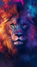 Symmetrical lion portrait in contrasting neon color halves.