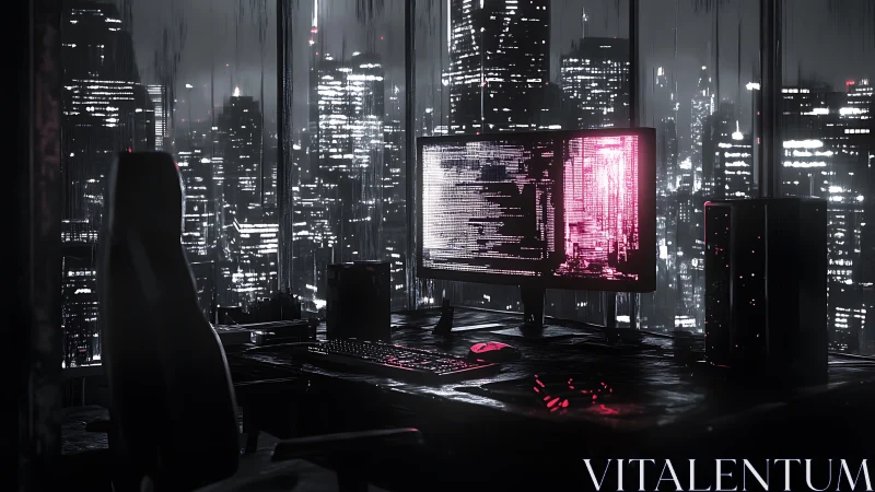 Noir cyber desk overlooking neon-drenched rainy skyline.