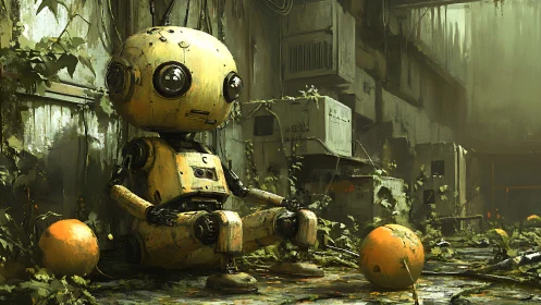Concept art of abandoned robot in overgrown industrial alleyway.