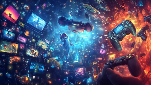 Futuristic gaming cityscape with floating controllers and screens.