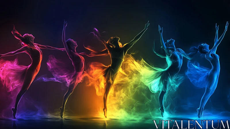Spectral female dancers rendered in luminous chromatic motion