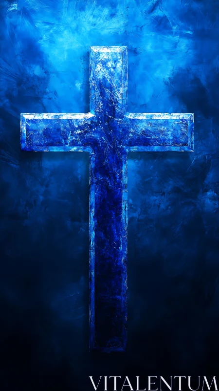 Luminous blue cross glowing softly in a misty night sky.