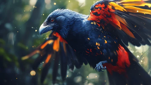 Striking digital art of vibrant black and red bird in flight.