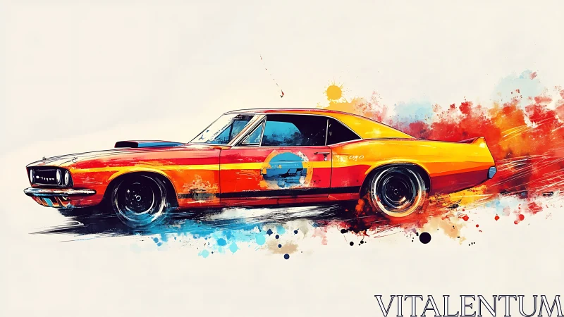 Dynamic muscle car digital painting with kinetic color splashes.