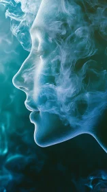 Whispered profile of smoke-born face in teal dreamlight.