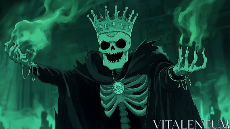 Skeletal crowned sorcerer with green ghostly flames.