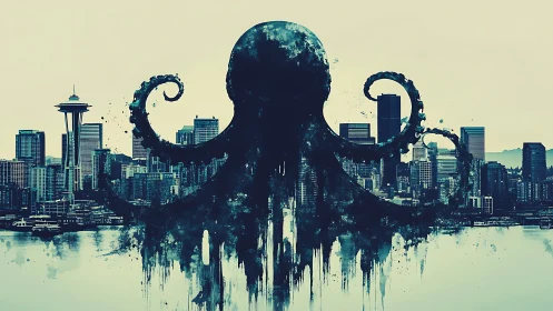 Giant ink-splatter octopus engulfs a modern city skyline.