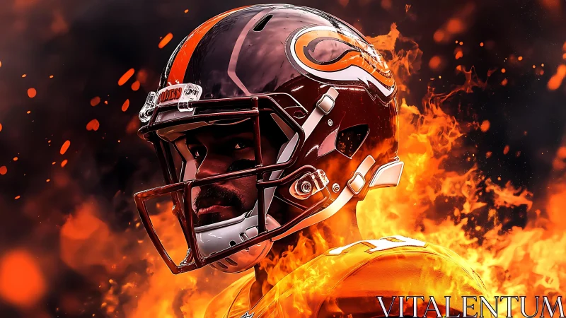 Digital painting of football player helmeted in stylized flames.