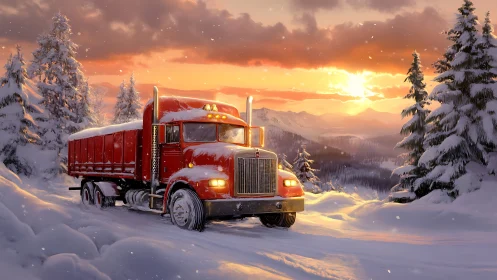 Crimson winter truck rolls gently through glowing snowy pines
