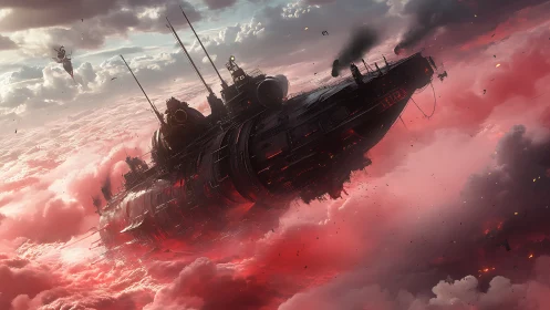 Colossal warship drifts through blazing crimson storm clouds.