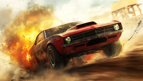 Muscle car drifts through explosive fireball with dynamic motion blur