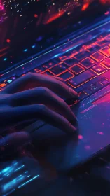 Neon-lit keyboard and quiet coder in a dreamy night glow.