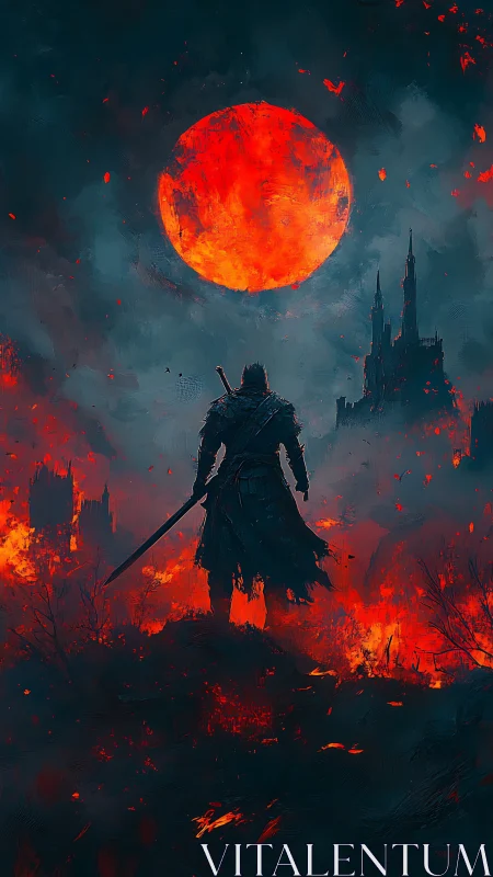 Digital painting of lone swordsman under burning crimson moon.