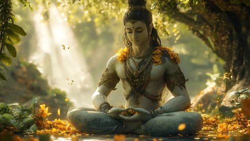 Gentle stone deity in golden forest meditation glow.