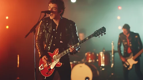 Stage-lit rock trio under warm bokeh and cinematic haze.