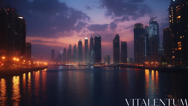 Parametric waterfront skyline under chromatic dusk gradient.