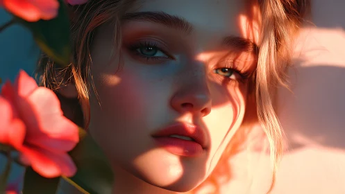 Close-up portrait in warm sunset light with flowers.