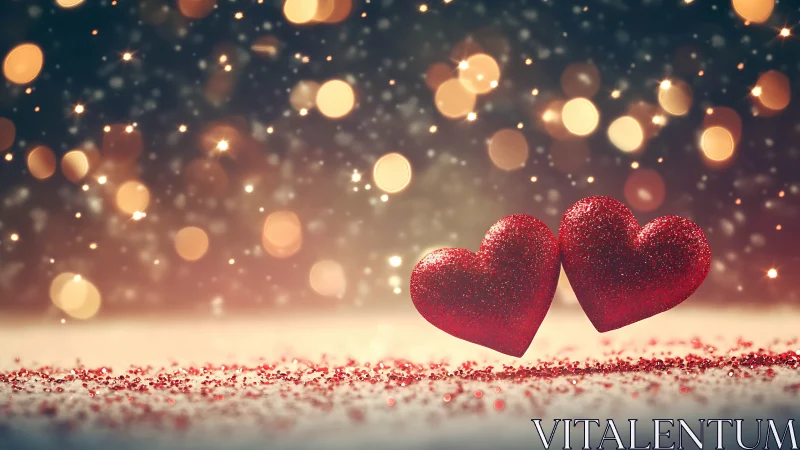 Two glitter hearts positioned on ground with bokeh background