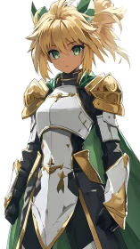 Brave blonde anime knight with emerald eyes and golden armor.