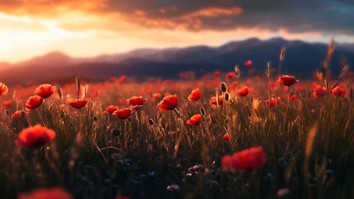 Sunlit poppy field extends toward distant mountain ridge