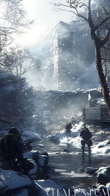 Post-apocalyptic survivors navigate snow-covered ruins beneath towering cliffs.