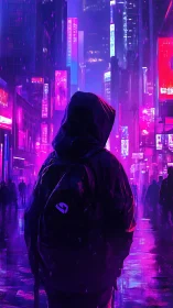 Hooded wanderer walks neon city street under purple rain.