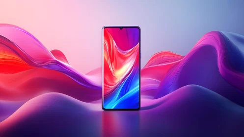Modern smartphone on vibrant abstract waves, digital art style.