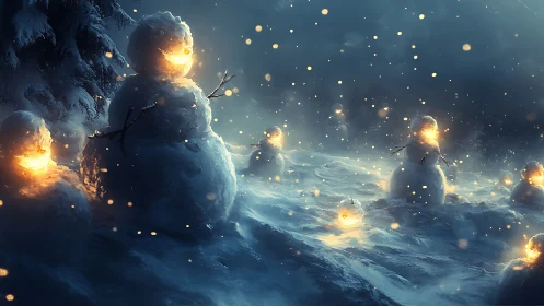Glowing snowmen stand in a dark snowy landscape at night