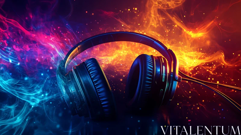 Studio headphones with neon fire and ice light trails embracing