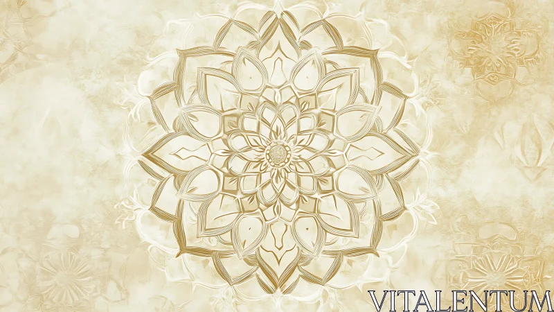 Golden mandala flower radiates over textured parchment field.