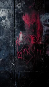 Red graffiti strokes burn through distressed black wall.