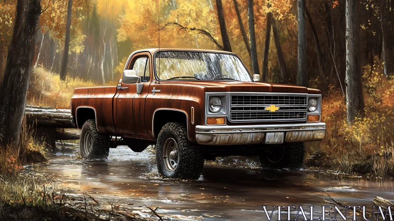 Vintage Chevy pickup crosses shallow autumn forest creek
