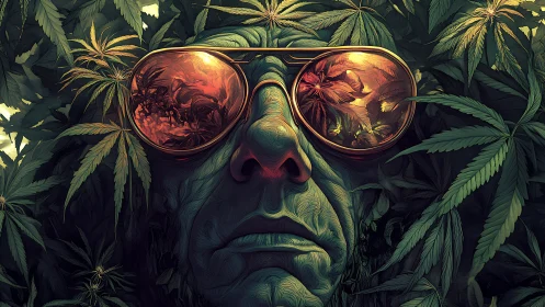 Aged face with reflective aviators immersed in dense cannabis foliage