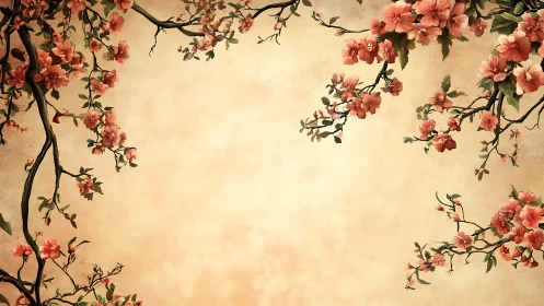 Digital floral frame with branching blossoms on parchment field.