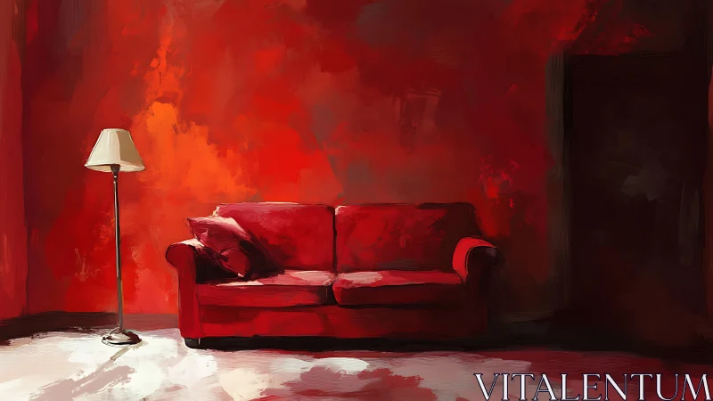 Red sofa and floor lamp in minimal painted interior.
