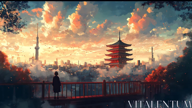 Solitary figure watches a neon city meet serene temple skies