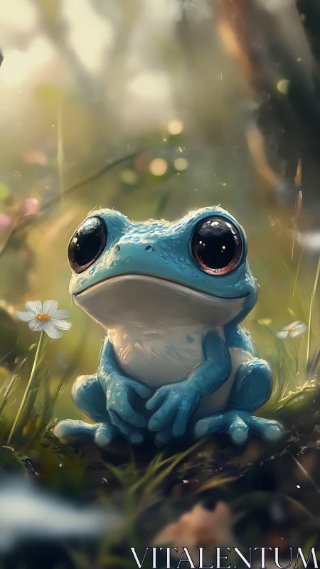 Bright-eyed blue frog resting in a dreamy sunlit meadow.