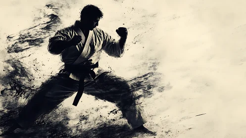 Martial artist in karate stance with ink-like dynamic motion.