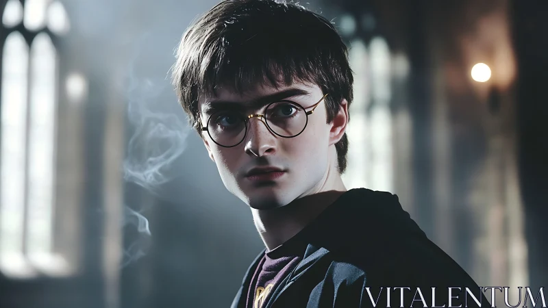 Young wizard in shadowed hall wrapped in drifting smoke.