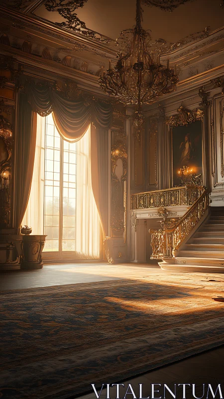 Sunlit baroque hall shows ornate staircase and chandeliers