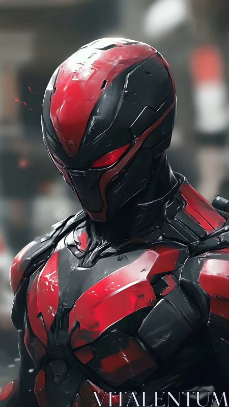 Crimson armored cybernetic warrior in reflective exosuit profile.