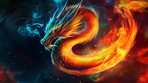 Digital painting of a serpentine fire dragon in neon vortex.