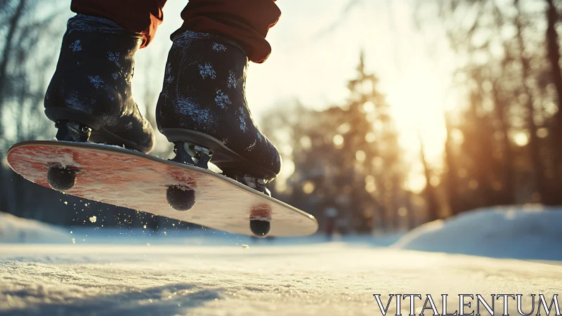 Winter sunlight catches a skater’s jump over icy ground