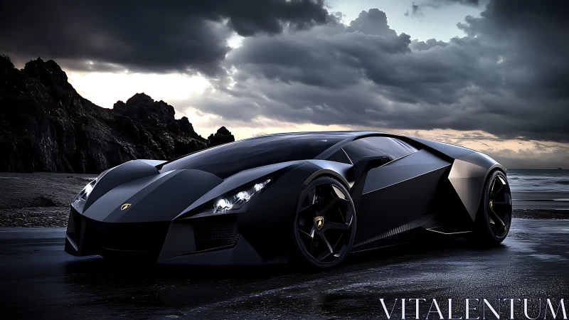 Low-slung matte black hypercar contrasts stormy coastal lighting